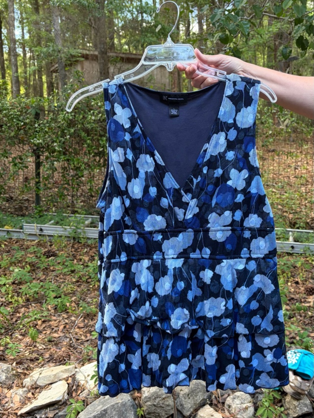 INC International Concepts Navy and Light Blue Floral Sleeveless Blouse